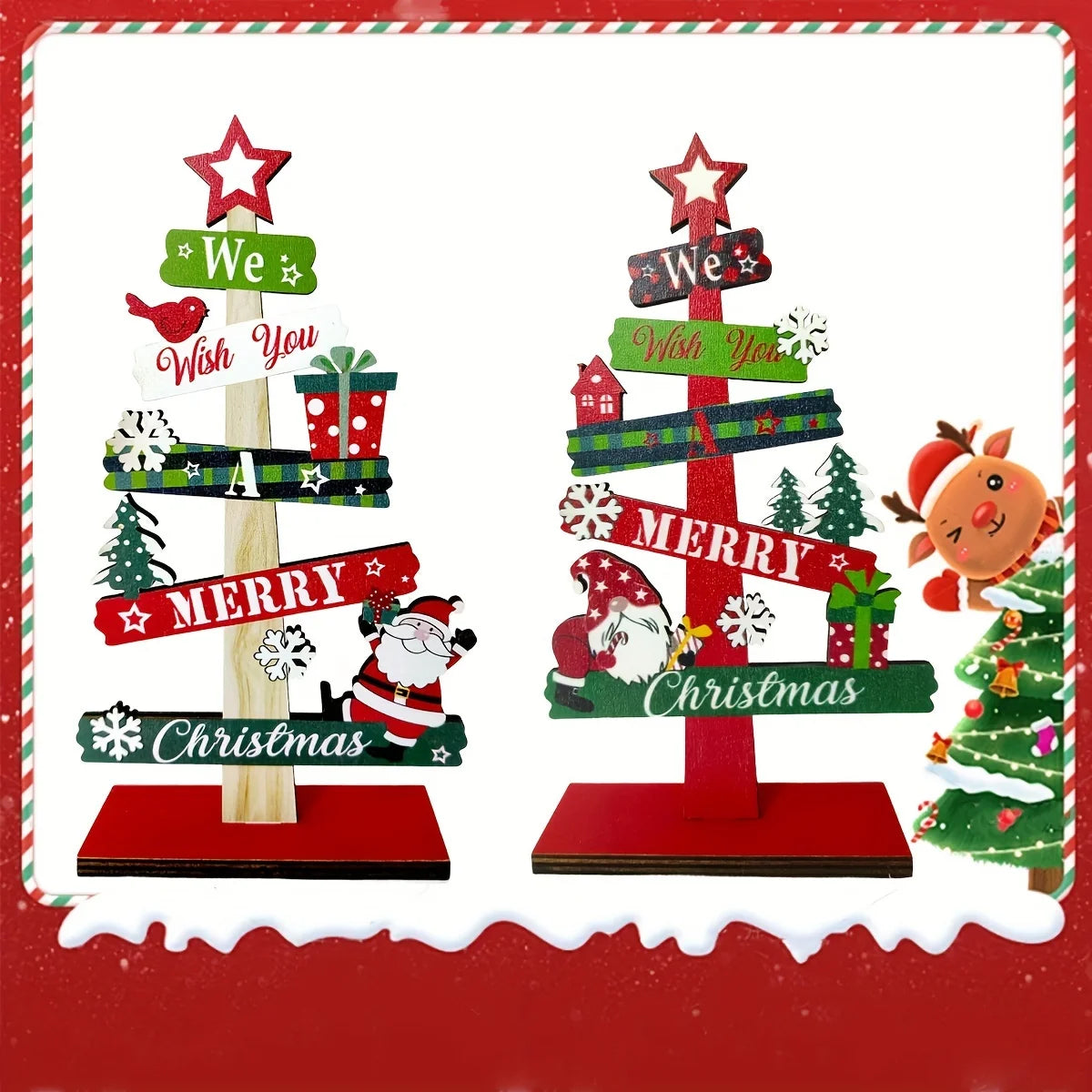 A small wooden Christmas tree with holiday decorations, Santa Claus, and gift designs, made of wood for holiday decorations