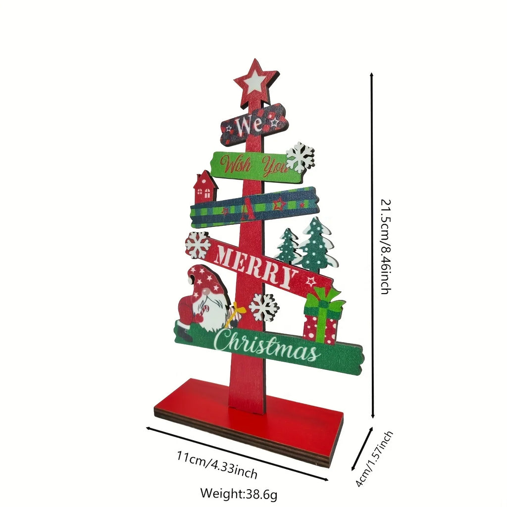 A small wooden Christmas tree with holiday decorations, Santa Claus, and gift designs, made of wood for holiday decorations